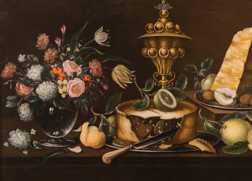 Louis XV - Peintre flamand XVIIIe siècle, Nature morte avec des fleurs et fruits