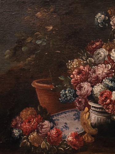 Antiquités - Still Life with Flowers in a Garden, Italian school of the 18th century