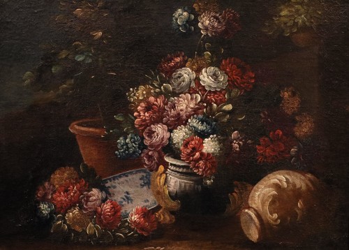 Antiquités - Still Life with Flowers in a Garden, Italian school of the 18th century