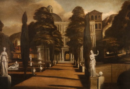 Tableaux et dessins Tableaux XVIIe siècle - Vue d'une villa avec jardin à l'italienne, Isaac de Moucheron (1667 - 1744)