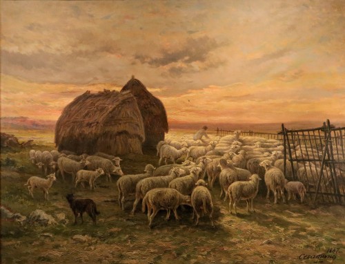 Paysage au coucher du soleil, Charles Ferdinand Ceramano (1829 – 1909) - Tableaux et dessins Style Restauration - Charles X