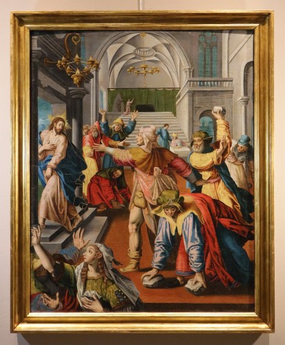 Christ chassé du Temple de Jérusalem, atelier de Maarten de Vos (Anvers, 1532 - 1603) - Tableaux et dessins Style Louis XIII