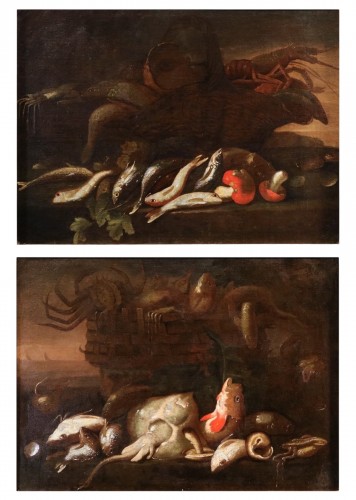 Paire de natures mortes avec des poissons, attribué à Elena Recco (1654 - 1700) 