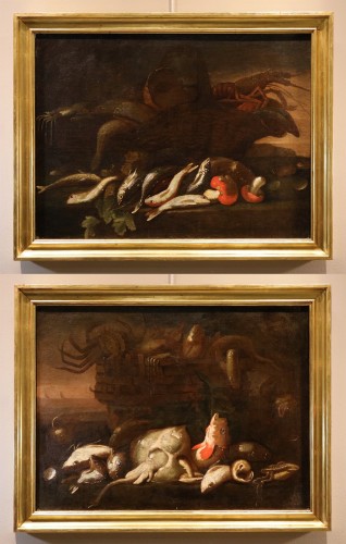 Pair Of Still Lifes With Fishs, attributed toElena Recco (1654 - 1700)  - Paintings & Drawings Style Louis XIV