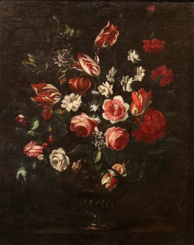 Nature morte avec vase de fleurs, Atelier de Giovanni Stanchi (1608 - 1675) - Tableaux et dessins Style Louis XIV