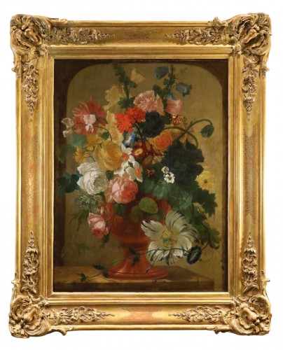 Vase Of Flowers With Butterflies In A Niche, Flemish school of the 18th century