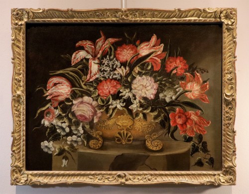 Maître des vases à grotesques (Rome XVIIe siècle), Composition florale - Tableaux et dessins Style Louis XIII
