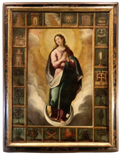 Vierge avec les symboles des Litanies de Lorette, École espagnole XVIIe siècle