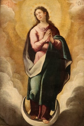 Virgin With Symbols From The Litany Of Loreto, 17th-century Spanish School - Paintings & Drawings Style Louis XIII