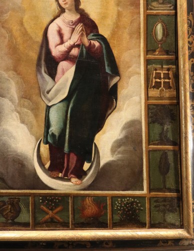 Antiquités - Virgin With Symbols From The Litany Of Loreto, 17th-century Spanish School