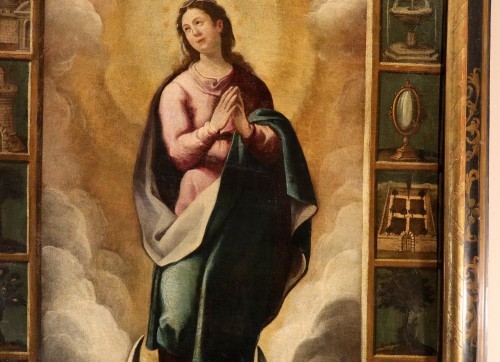Antiquités - Virgin With Symbols From The Litany Of Loreto, 17th-century Spanish School