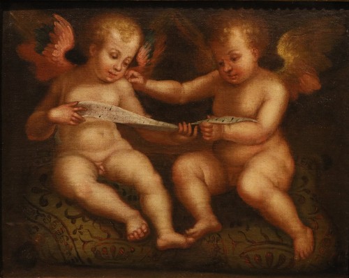 Anges avec cartouche et livre, attribué à  Guglielmo Caccia, dit « il Moncalvo » - Tableaux et dessins Style Louis XIII