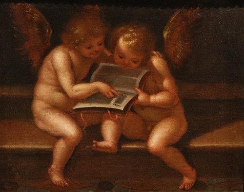 Tableaux et dessins Tableaux XVIIe siècle - Anges avec cartouche et livre, attribué à  Guglielmo Caccia, dit « il Moncalvo »