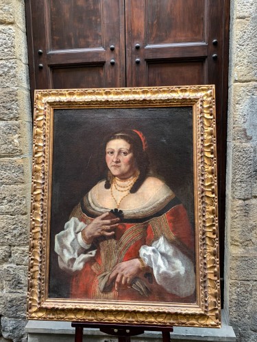 Portrait d'une dame avec nœud noir et gants vers 1640, École lombarde - Tableaux et dessins Style Louis XIII