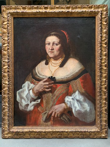 Tableaux et dessins Tableaux XVIIe siècle - Portrait d'une dame avec nœud noir et gants vers 1640, École lombarde