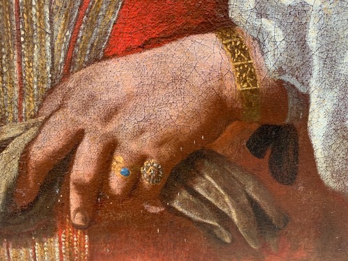 XVIIe siècle - Portrait d'une dame avec nœud noir et gants vers 1640, École lombarde