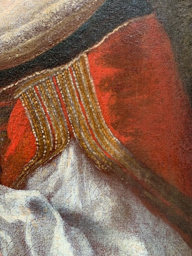 Antiquités - Portrait d'une dame avec nœud noir et gants vers 1640, École lombarde