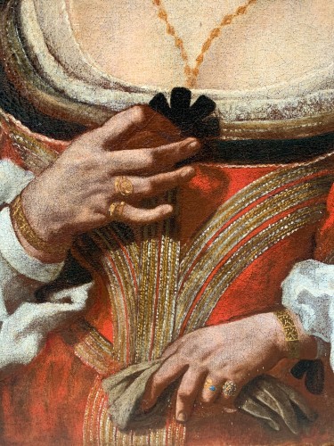 Antiquités - Portrait d'une dame avec nœud noir et gants vers 1640, École lombarde