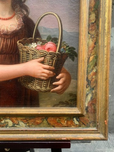 Tableaux et dessins Tableaux XVIIe siècle - Portrait d’une fille avec panier de fleurs, collier de corail, avec la baie de Naples