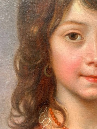 Portrait d’une fille avec panier de fleurs, collier de corail, avec la baie de Naples - 