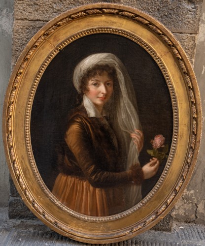 Portrait of a Young Woman with Rose and à la Turque Headscarf, late  18th c - Paintings & Drawings Style Directoire
