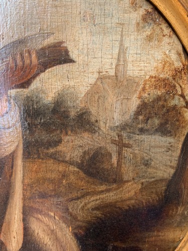 St. Anthony Abbot with pig in a Flemish landscape with church. XVIIth cent - Paintings & Drawings Style Louis XIII