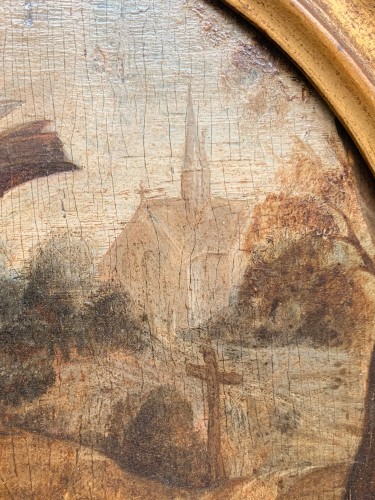 Paintings & Drawings  - St. Anthony Abbot with pig in a Flemish landscape with church. XVIIth cent