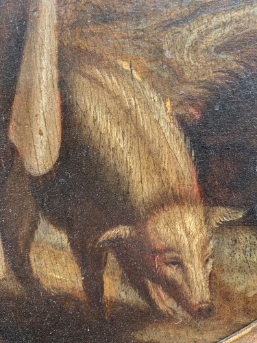 17th century - St. Anthony Abbot with pig in a Flemish landscape with church. XVIIth cent