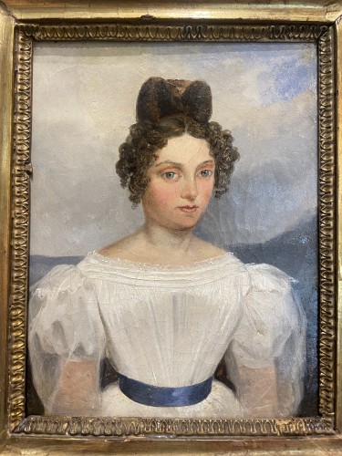 Tableaux et dessins Tableaux XIXe siècle - Léopold Leprince (1800-1847) - Portrait d’une jeune femme en robe blanche