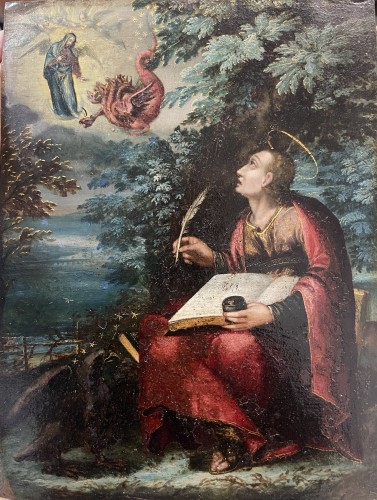 Saint Jean l’Évangéliste à Patmos, école flamande, vers 1620 - Antichità di Alina
