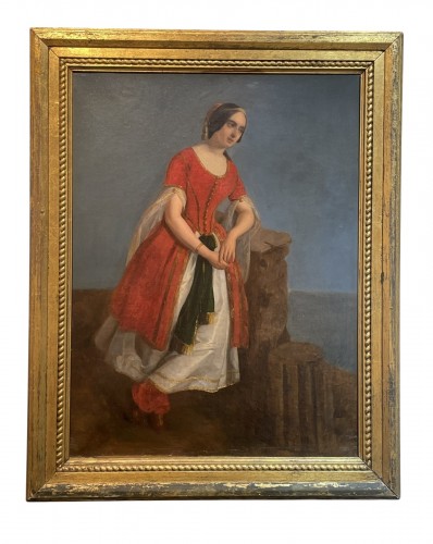 Portrait d’une femme en costume orientaliste sur les ruines grecques, vers 1840