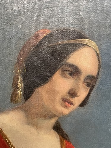 Tableaux et dessins Tableaux XIXe siècle - Portrait d’une femme en costume orientaliste sur les ruines grecques, vers 1840