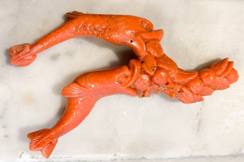 Curiosities  - A Carved Coral Amulet With Two Dolphins, 19th Century