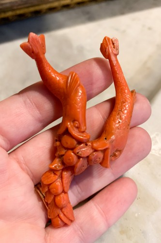 19th century - A Carved Coral Amulet With Two Dolphins, 19th Century