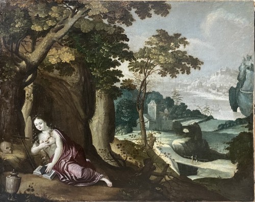 Landscape with castle, hilltop town and Mary Magdalene, Flemish  early 17th century