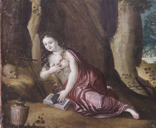 17th century - Landscape with castle, hilltop town and Mary Magdalene, Flemish  early 17th century