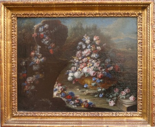 Nature morte avec grand vase et cascade de fleurs dans un jardin, Naples vers 1720