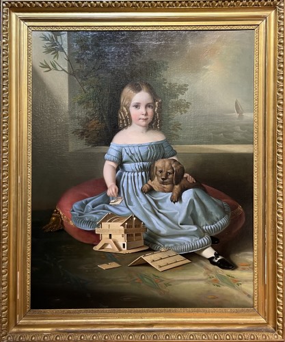 Portrait de fillette au chien et maquette de maison tyrolienne.vers 1835
