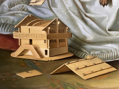Portrait de fillette au chien et maquette de maison tyrolienne.vers 1835 - Tableaux et dessins Style Louis-Philippe