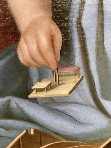 Tableaux et dessins Tableaux XIXe siècle - Portrait de fillette au chien et maquette de maison tyrolienne.vers 1835