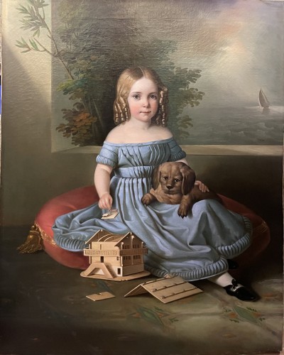 Antiquités - Portrait de fillette au chien et maquette de maison tyrolienne.vers 1835