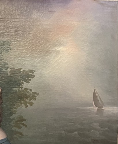 Antiquités - Portrait de fillette au chien et maquette de maison tyrolienne.vers 1835