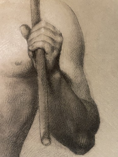 XIXe siècle - Étude académique de nu masculin au bâton, école florentine vers 1800