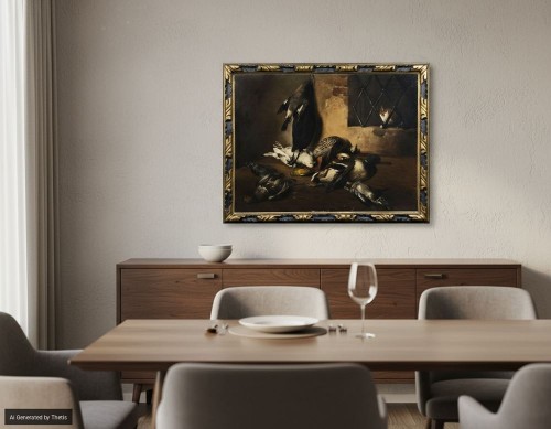 Antiquités - Interior of pantry with feathered game and cat