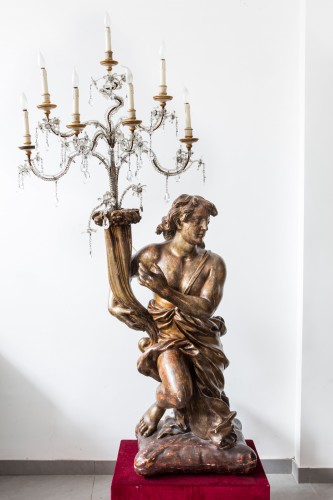 Large pair of carved and gilded wood candle, Italy 17th century - Lighting Style 