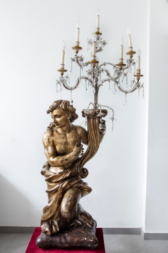 17th century - Large pair of carved and gilded wood candle, Italy 17th century