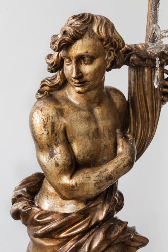 Large pair of carved and gilded wood candle, Italy 17th century - 