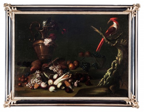 Carlo Antonio Crespi (1712 - 1781), Still life with fruit, an amphora and a parrot 