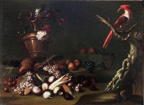 Paintings & Drawings  - Carlo Antonio Crespi (1712 - 1781), Still life with fruit, an amphora and a parrot 