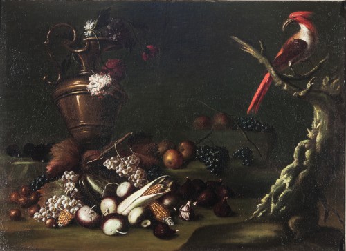 17th century - Carlo Antonio Crespi (1712 - 1781), Still life with fruit, an amphora and a parrot 